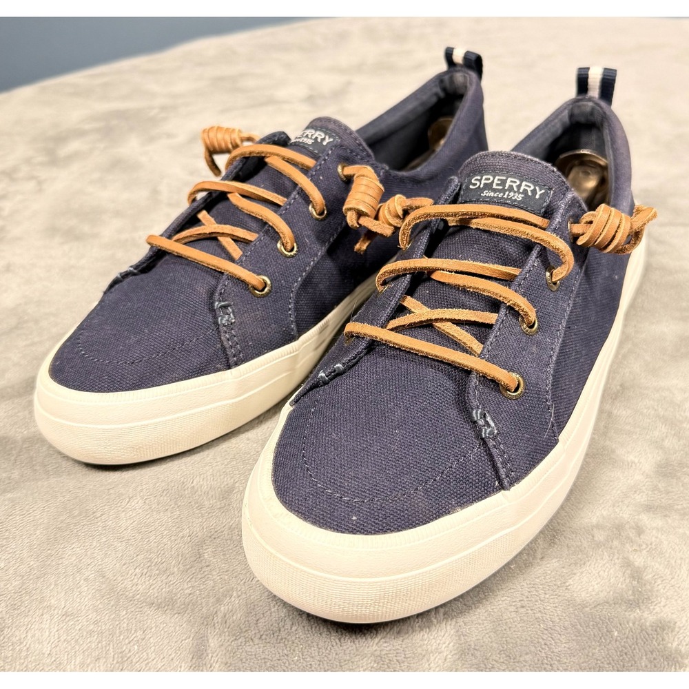 Sperry Crest Vibe‎ Sneakers Womens 9.5 Navy Blue Canvas Leather Lace Boat Shoes